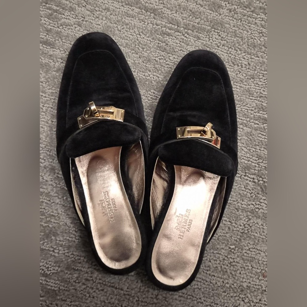 Hermes Black Sandals with Gold Buckle